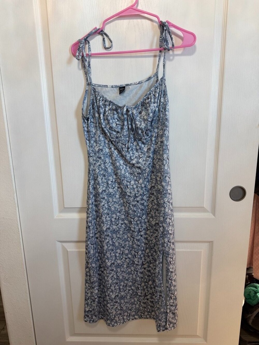 Blue Gray Floral Print Slip Midi Dress with Side Slit